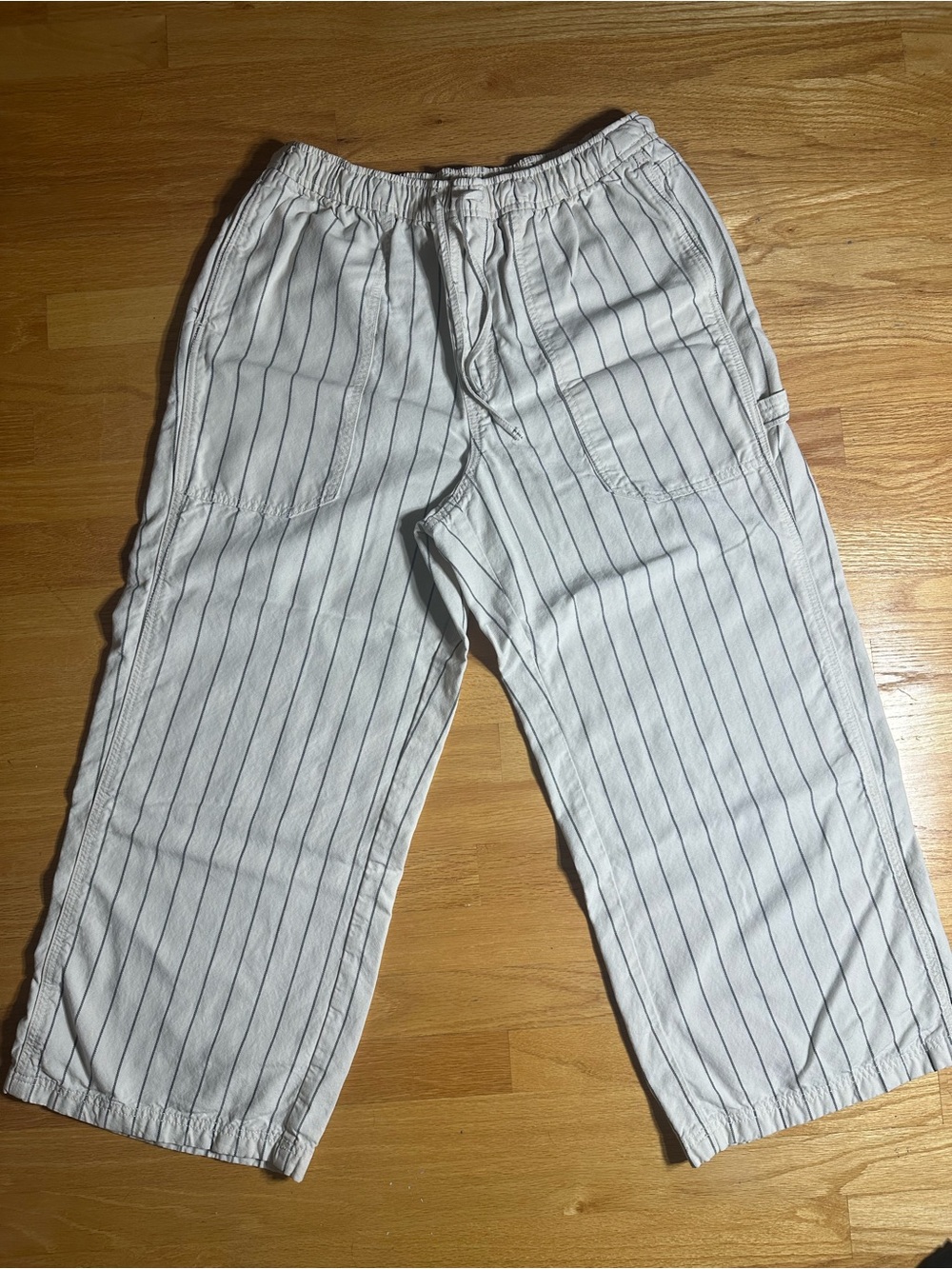 aerie White Pants with Navy Pinstripes